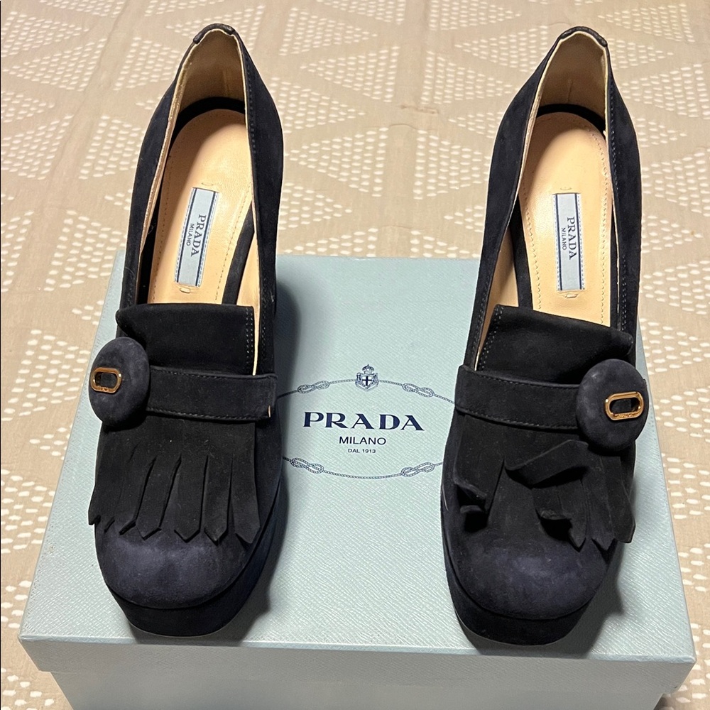 Prada Black Suede Platform Heels with Fringe - Picture 2 of 16